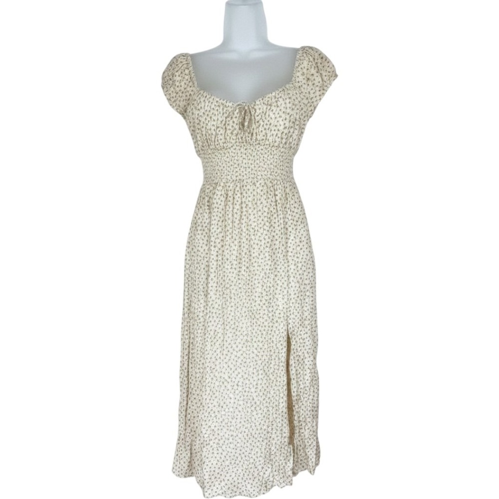 Aeropostale Ditsy Floral Milkmaid Midi Dress Cream Smocked Waist Slit Small Boho